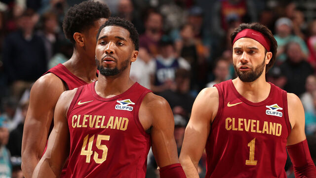 CHARLOTTE, NC - MARCH 7: Donovan Mitchell #45 of the Cleveland Cavaliers looks on during the game against the Charlotte Hornets on March 7, 2025 at Spectrum Center in Charlotte, North Carolina. Mandatory Copyright Notice: Copyright 2025 NBAE