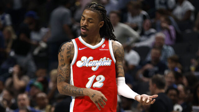 DALLAS, TX - MARCH 7: Ja Morant #12 of the Memphis Grizzlies celebrates late in the second half against the Dallas Mavericks at American Airlines Center on March 7, 2025 in Dallas, Texas.