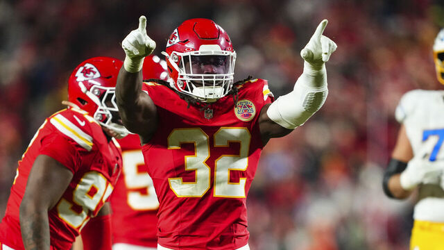 KANSAS CITY, MO - DECEMBER 08: Nick Bolton #32 of the Kansas City Chiefs celebrates during an NFL football game against the Los Angeles Chargers at GEHA Field at Arrowhead Stadium on December 8, 2024 in Kansas City, Missouri.