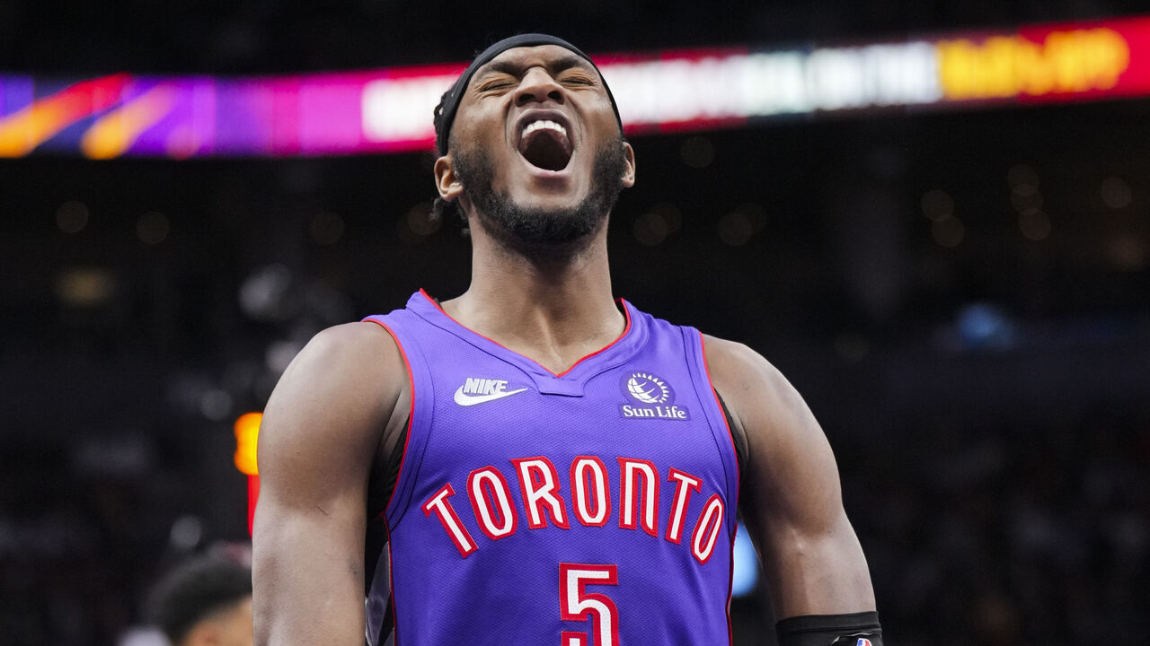TORONTO, ON - MARCH 07: Immanuel Quickley #5 of the Toronto Raptors celebrates against the Utah Jazz during the second half of their basketball game at the Scotiabank Arena on March 7, 2025 in Toronto, Ontario, Canada. NOTE TO USER: User expressly acknowledges and agrees that, by downloading and/or using this Photograph, user is consenting to the terms and conditions of the Getty Images License Agreement.