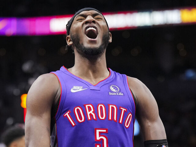TORONTO, ON - MARCH 07: Immanuel Quickley #5 of the Toronto Raptors celebrates against the Utah Jazz during the second half of their basketball game at the Scotiabank Arena on March 7, 2025 in Toronto, Ontario, Canada. NOTE TO USER: User expressly acknowledges and agrees that, by downloading and/or using this Photograph, user is consenting to the terms and conditions of the Getty Images License Agreement.