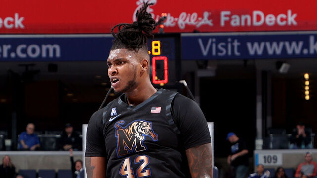MEMPHIS, TN - FEBRUARY 26: Dain Dainja #42 of the Memphis Tigers celebrates against the Rice Owls during the second half on February 26, 2025 at FedExForum in Memphis, Tennessee.