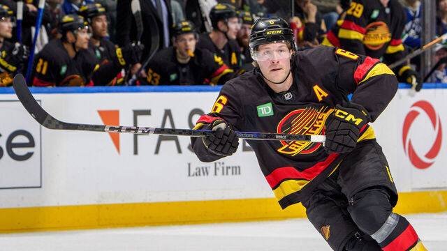 VANCOUVER, CANADA - MARCH 5: Brock Boeser #6 of the Vancouver Canucks during the first period of their NHL game against the Anaheim Ducks at Rogers Arena on March 5, 2025 in Vancouver, British Columbia, Canada.