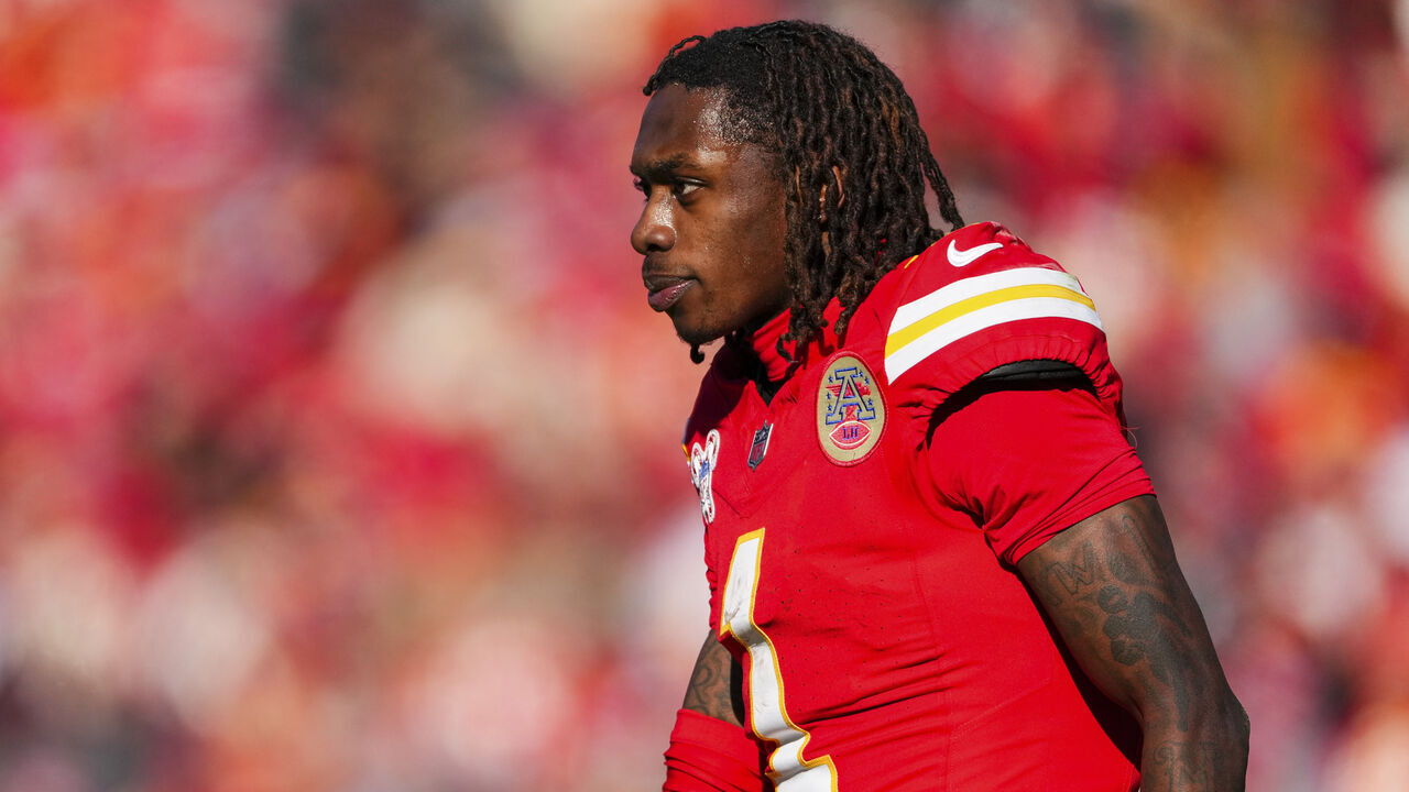 KANSAS CITY, MO - DECEMBER 21: Xavier Worthy #1 of the Kansas City Chiefs looks on from the field during an NFL football game against the Houston Texans at GEHA Field at Arrowhead Stadium on December 21, 2024 in Kansas City, Missouri.