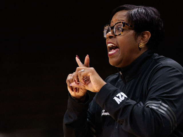 BOULDER, COLORADO - FEBRUARY 26: Head coach Natasha Adair of the Arizona State Sun Devils calls a play during the first quarter against the Colorado Buffaloes at the CU Events Center on February 26, 2025 in Boulder, Colorado.
