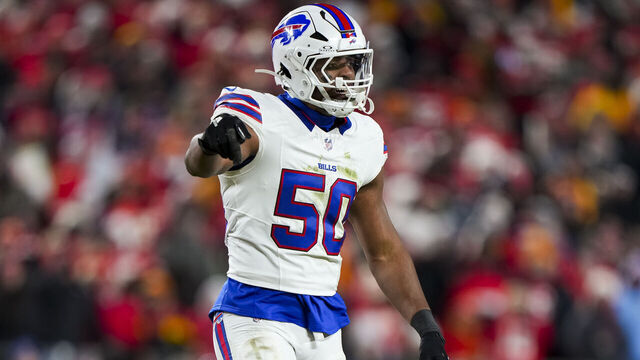 KANSAS CITY, MISSOURI - JANUARY 26: Defensive end Greg Rousseau #50 of the Buffalo Bills stands on the field during the first half of the AFC Championship game against the Kansas City Chiefs, at GEHA Field at Arrowhead Stadium on January 26, 2025 in Kansas City, Missouri.