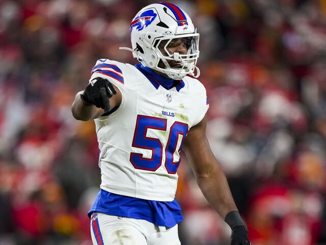 KANSAS CITY, MISSOURI - JANUARY 26: Defensive end Greg Rousseau #50 of the Buffalo Bills stands on the field during the first half of the AFC Championship game against the Kansas City Chiefs, at GEHA Field at Arrowhead Stadium on January 26, 2025 in Kansas City, Missouri.