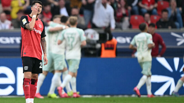 Bayer Leverkusen's Argentinian midfielder #25 Exequiel Palacios reacts to the 0-2 during the German first division Bundesliga football match between Bayer Leverkusen and Werder Bremen in Leverkusen, western Germany, on March 8, 2025.