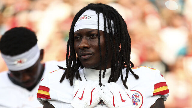 JACKSONVILLE, FL - AUGUST 10: Marquise Brown #5 of the Kansas City Chiefs stands on the sidelines prior to an NFL preseason football game against the Jacksonville Jaguars at EverBank Stadium on August 10, 2024 in Jacksonville, Florida.