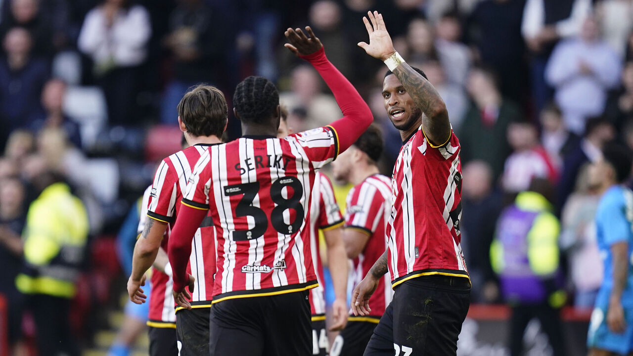 Sheffield United's Tyrese Campbell (right) celebrates scoring their side's first goal of the game with team-mates during the Sky Bet Championship match at Bramall Lane, Sheffield. Picture date: Saturday March 8, 2025.