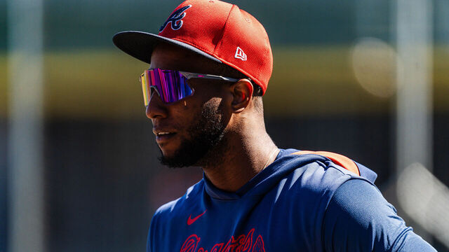 NORTH PORT, FLORIDA - FEBRUARY 17: Jurickson Profar #7 of the Atlanta Braves looks on during a spring training workout at CoolToday Park on February 17, 2025 in North Port, Florida.