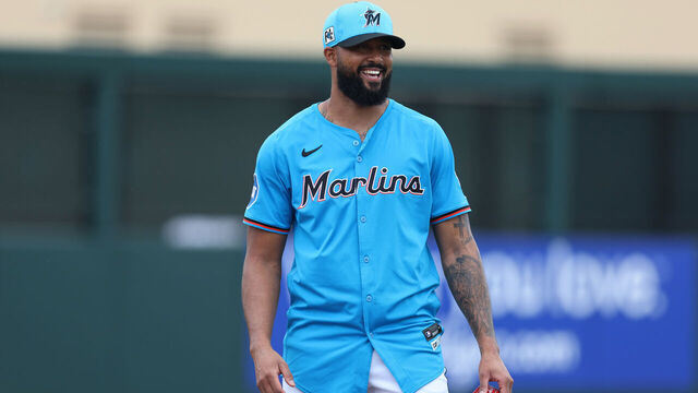 JUPITER, FL - FEBRUARY 26: Sandy Alcantara #22 of the Miami Marlins looks on during warmups prior to the game between the New York Mets and the Miami Marlins at Roger Dean Chevrolet Stadium on Wednesday, February 26, 2025 in Jupiter, Florida.