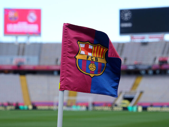 BARCELONA, SPAIN - OCTOBER 28: A detailed view of the corner flag prior to the LaLiga EA Sports match between FC Barcelona and Real Madrid CF at Estadi Olimpic Lluis Companys on October 28, 2023 in Barcelona, Spain.