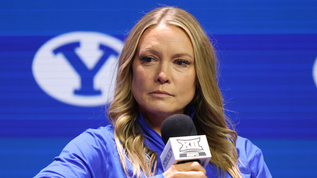 KANSAS CITY, MO - OCTOBER 22: Brigham Young Cougars women's basketball head coach Amber Whiting during Big 12 Basketball Media Days on October 22, 2024 at T-Mobile Center in Kansas City, MO.