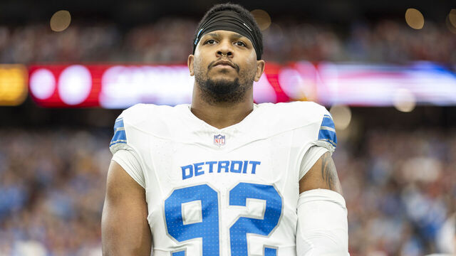 GLENDALE, ARIZONA - SEPTEMBER 22: Marcus Davenport #92 of the Detroit Lions looks on during the national anthem prior to an NFL football game between the Arizona Cardinals and the Detroit Lions at State Farm Stadium on September 22, 2024 in Glendale, Arizona.