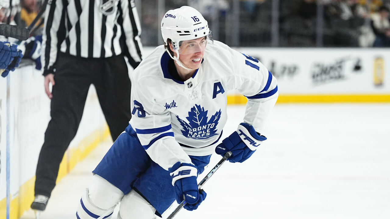 LAS VEGAS, NEVADA - MARCH 05: Mitch Marner #16 of the Toronto Maple Leafs skates during the second period against the Vegas Golden Knights at T-Mobile Arena on March 05, 2025 in Las Vegas, Nevada.