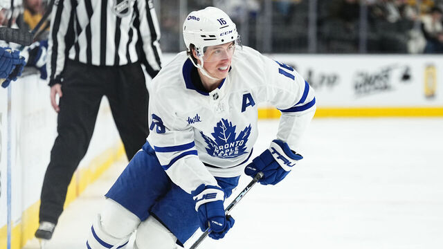 LAS VEGAS, NEVADA - MARCH 05: Mitch Marner #16 of the Toronto Maple Leafs skates during the second period against the Vegas Golden Knights at T-Mobile Arena on March 05, 2025 in Las Vegas, Nevada.