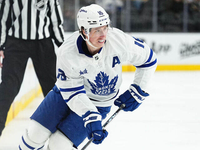 LAS VEGAS, NEVADA - MARCH 05: Mitch Marner #16 of the Toronto Maple Leafs skates during the second period against the Vegas Golden Knights at T-Mobile Arena on March 05, 2025 in Las Vegas, Nevada.