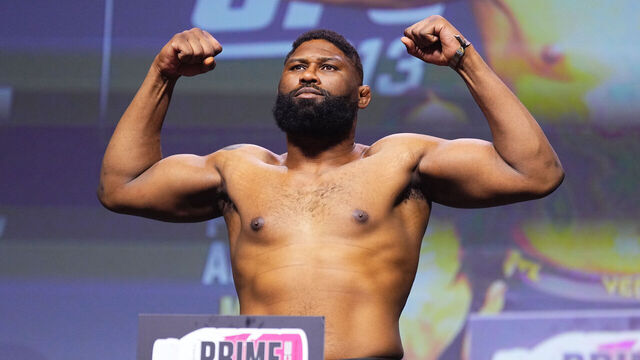 LAS VEGAS, NEVADA - MARCH 07: Curtis Blaydes poses on the scale during the UFC 313 ceremonial weigh-in at Michelob ULTRA Arena on March 07, 2025 in Las Vegas, Nevada.