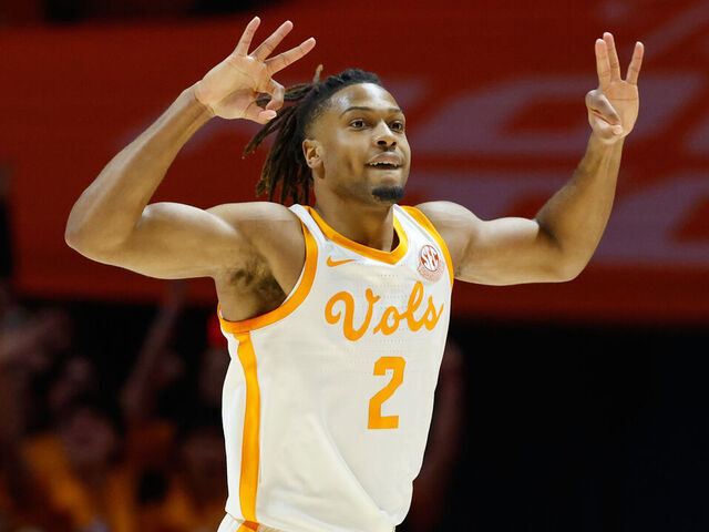 KNOXVILLE, TENNESSEE - MARCH 01: Chaz Lanier #2 of the Tennessee Volunteers reacts after a made basket during the first half against the Alabama Crimson Tide at Thompson-Boling Arena on March 01, 2025 in Knoxville, Tennessee.
