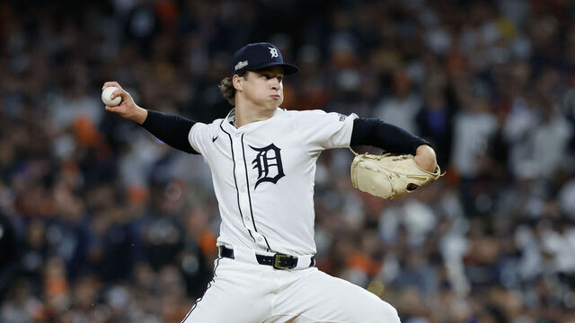 DETROIT, MICHIGAN - OCTOBER 10: Jackson Jobe #21 of the Detroit Tigers throws a pitch during the eighth inning against the Cleveland Guardians during Game Four of the Division Series at Comerica Park on October 10, 2024 in Detroit, Michigan.