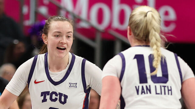 KANSAS CITY, MO - MARCH 08: TCU Horned Frogs guard Madison Conner (2) celebrates with Hailey Van Lith (10) after making a three late in the fourth quarter of a women's Big 12 tournament semifinal game between the West Virginia Mountaineers and TCU Horned Frogs on March 8, 2025 at T-Mobile Center in Kansas City, MO.