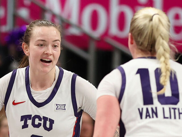 KANSAS CITY, MO - MARCH 08: TCU Horned Frogs guard Madison Conner (2) celebrates with Hailey Van Lith (10) after making a three late in the fourth quarter of a women's Big 12 tournament semifinal game between the West Virginia Mountaineers and TCU Horned Frogs on March 8, 2025 at T-Mobile Center in Kansas City, MO.