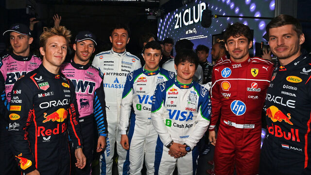 LONDON, ENGLAND - FEBRUARY 18: (L to R) Jack Doohan of Australia and Alpine F1, Liam Lawson of New Zealand and Oracle Red Bull Racing, Pierre Gasly of France and Alpine F1, Alexander Albon of Thailand and Williams, Isack Hadjar of France and Visa Cash App Racing Bulls, Yuki Tsunoda of Japan and Visa Cash App Racing Bulls, Lewis Hamilton, Charles Leclerc of Monaco and Scuderia Ferrari and Red Bull racing driver Max Verstappen are seen backstage during F1 75 Live at The O2 Arena on February 18, 2025 in London, England.