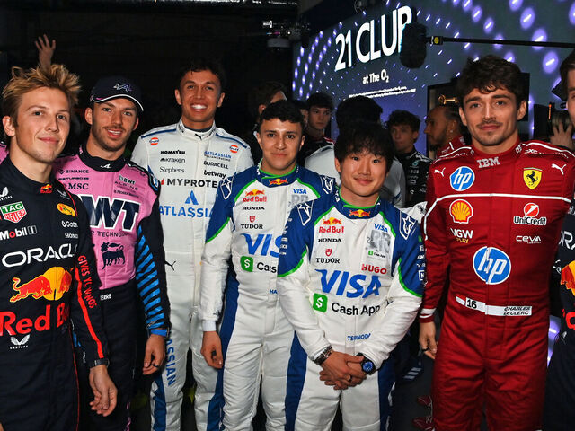 LONDON, ENGLAND - FEBRUARY 18: (L to R) Jack Doohan of Australia and Alpine F1, Liam Lawson of New Zealand and Oracle Red Bull Racing, Pierre Gasly of France and Alpine F1, Alexander Albon of Thailand and Williams, Isack Hadjar of France and Visa Cash App Racing Bulls, Yuki Tsunoda of Japan and Visa Cash App Racing Bulls, Lewis Hamilton, Charles Leclerc of Monaco and Scuderia Ferrari and Red Bull racing driver Max Verstappen are seen backstage during F1 75 Live at The O2 Arena on February 18, 2025 in London, England.