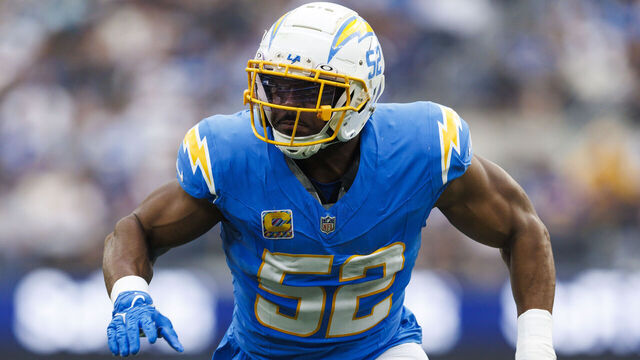INGLEWOOD, CALIFORNIA - OCTOBER 27: Khalil Mack #52 of the Los Angeles Chargers rushes the edge during the first half against the New Orleans Saints at SoFi Stadium on October 27, 2024 in Inglewood, California.