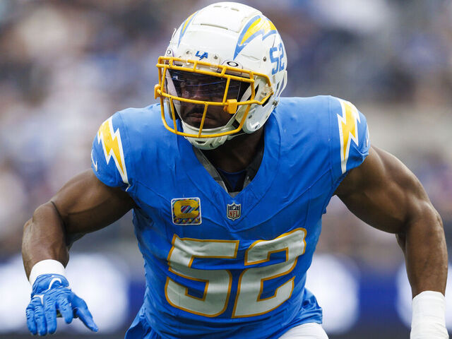 INGLEWOOD, CALIFORNIA - OCTOBER 27: Khalil Mack #52 of the Los Angeles Chargers rushes the edge during the first half against the New Orleans Saints at SoFi Stadium on October 27, 2024 in Inglewood, California.