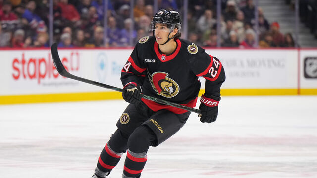 OTTAWA, CANADA - MARCH 8: Dylan Cozens #24 of the Ottawa Senators skates against the New York Rangers during the first period at Canadian Tire Centre on March 8, 2025 in Ottawa, Ontario, Canada.