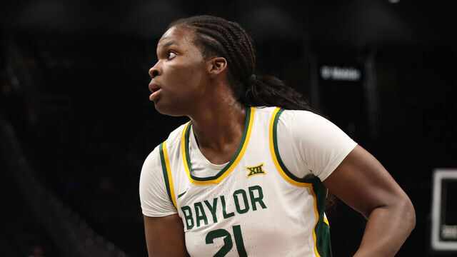 KANSAS CITY, MO - MARCH 08: Baylor Lady Bears center Aaronette Vonleh (21) with the ball in the first quarter of a women's Big 12 tournament semifinal game between the Oklahoma State Cowgirls and Baylor Lady Bears on March 8, 2025 at T-Mobile Center in Kansas City, MO.