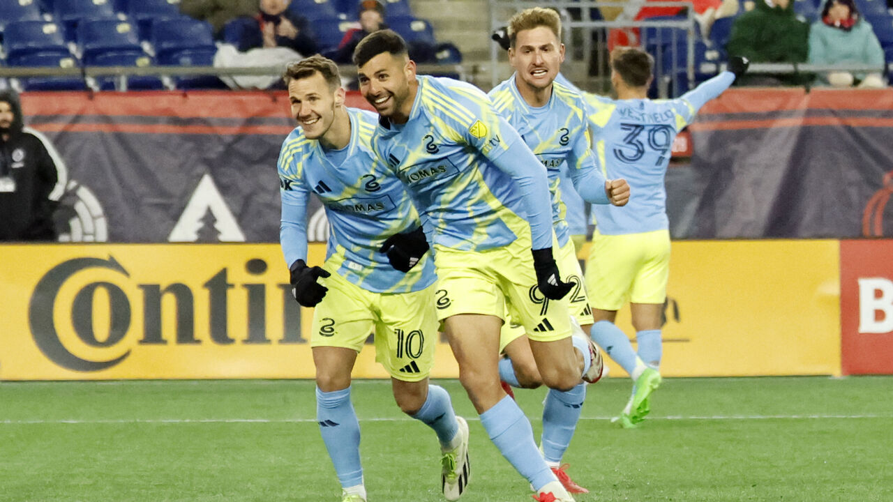 FOXBOROUGH, MA - MARCH 08: Tai Baribo #9 of Philadelphia Union races off to celebrate his strike during a match between the New England Revolution and the Philadelphia Union on March 8, 2025, at Gillette Stadium in Foxborough, Massachusetts.
