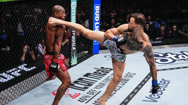 LAS VEGAS, NEVADA - MARCH 08: (R-L) Mauricio Ruffy of Brazil kicks King Green in a lightweight fight during the UFC 313 event at T-Mobile Arena on March 08, 2025 in Las Vegas, Nevada.