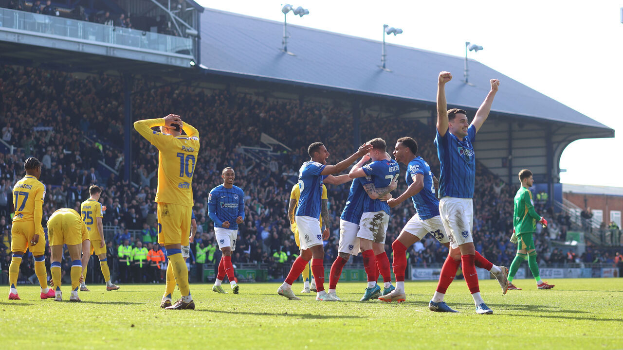 PORTSMOUTH, ENGLAND - MARCH 9: Portsmouth celebrate victory at full time during the Sky Bet Championship match between Portsmouth FC and Leeds United FC at Fratton Park on March 9, 2025 in Portsmouth, England.