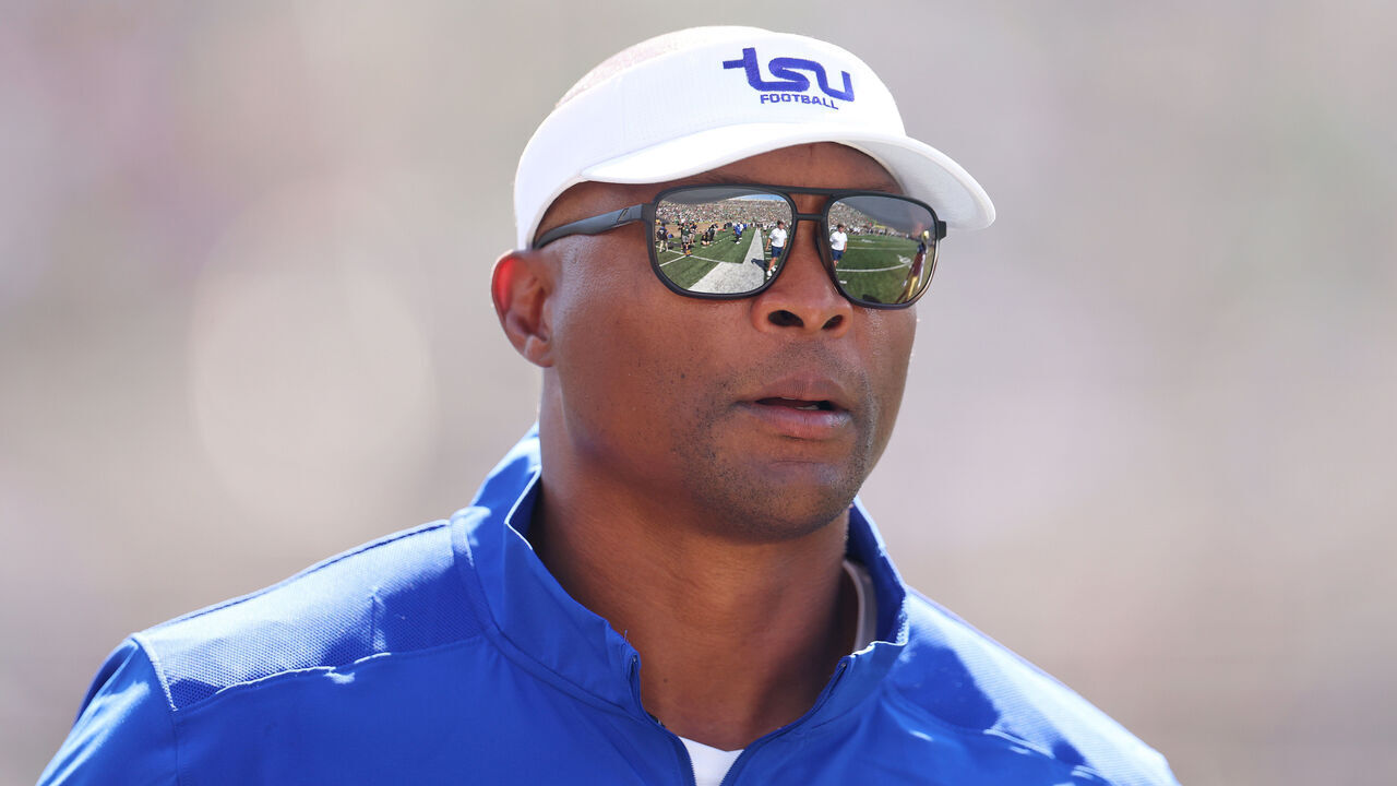 SOUTH BEND, INDIANA - SEPTEMBER 02: Head coach Eddie George of the Tennessee State Tigers looks on prior to the game against the Notre Dame Fighting Irish at Notre Dame Stadium on September 02, 2023 in South Bend, Indiana.