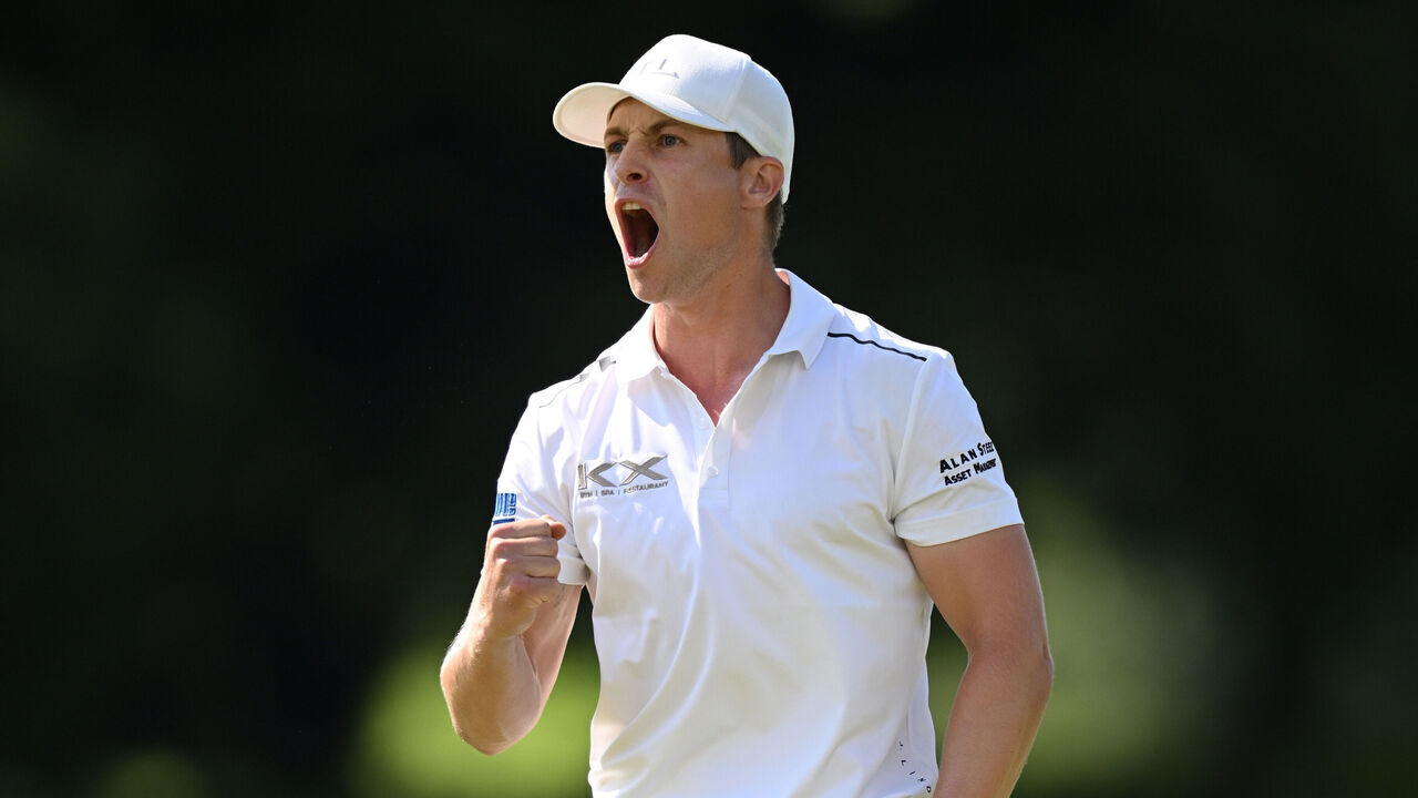 JOHANNESBURG, SOUTH AFRICA - MARCH 09: Calum Hill of Scotland celebrates a birdie on the 18th green on day four of the Joburg Open 2025 at Houghton GC on March 09, 2025 in Johannesburg, South Africa.