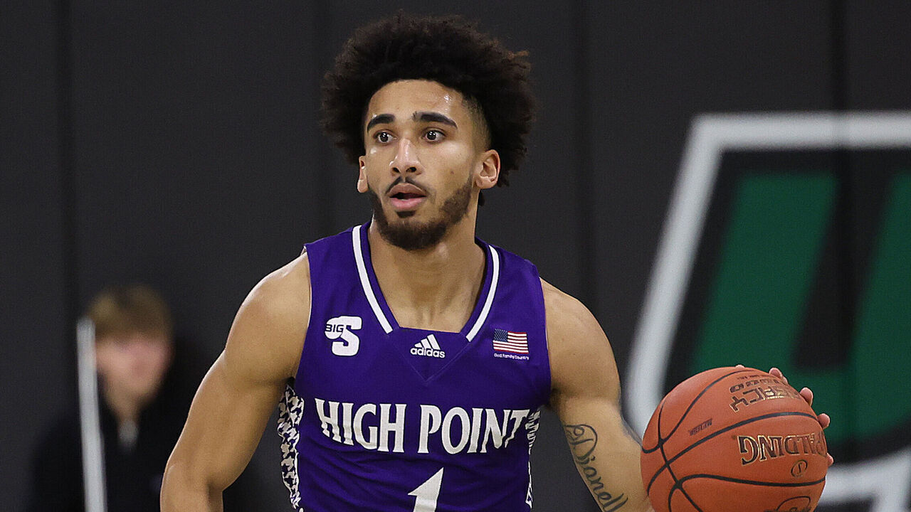 SPARTANBURG, SC - JANUARY 22: High Point Panthers guard Kezza Giffa (1) during a college basketball game between the High Point Panthers and the USC Upstate Spartans on January 22, 2025 at G.B. Hodge Center in Spartanburg, S.C.