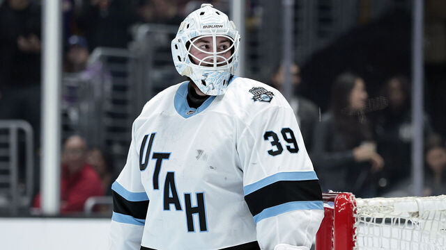 LOS ANGELES, CALIFORNIA - FEBRUARY 22: Connor Ingram #39 of the Utah Hockey Club in goal against the Los Angeles Kings in the second period at Crypto.com Arena in Los Angeles on February 22, 2025 in Los Angeles, California.