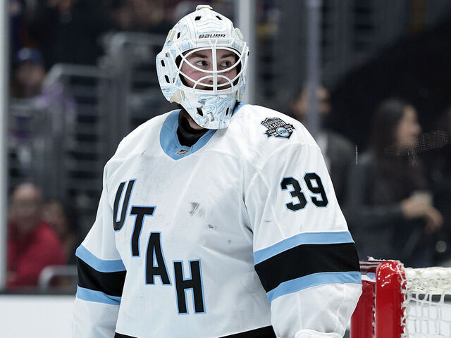 LOS ANGELES, CALIFORNIA - FEBRUARY 22: Connor Ingram #39 of the Utah Hockey Club in goal against the Los Angeles Kings in the second period at Crypto.com Arena in Los Angeles on February 22, 2025 in Los Angeles, California.