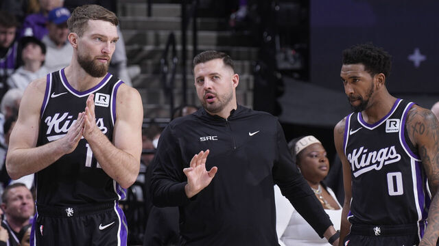 SACRAMENTO, CA - JANUARY 16: Assistant Coach Luke Loucks of the Sacramento Kings coaches Domantas Sabonis #11 and Malik Monk #0 during the game against the Houston Rockets on January 16, 2025 at Golden 1 Center in Sacramento, California. NOTE TO USER: User expressly acknowledges and agrees that, by downloading and or using this photograph, User is consenting to the terms and conditions of the Getty Images Agreement. Mandatory Copyright Notice: Copyright 2025 NBAE