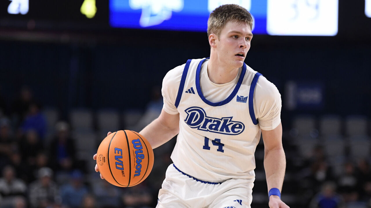 TERRE HAUTE, IN - JANUARY 18: Drake Bulldogs Guard Bennett Stirtz (14) dribbles during the college basketball game between the Drake Bulldogs and the Indiana State Sycamores on January 18, 2025, at the Hulman Center in Terre Haute, Indiana.