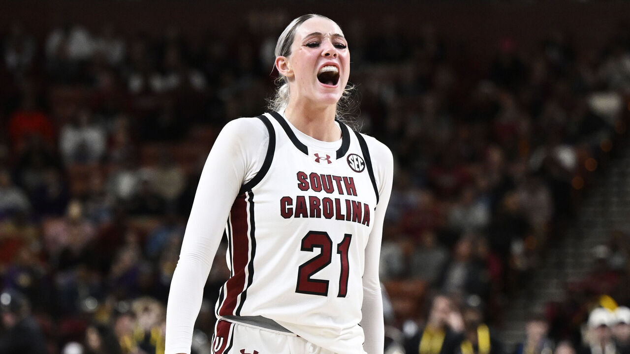 GREENVILLE, SOUTH CAROLINA - MARCH 07: Chloe Kitts #21 of the South Carolina Gamecocks celebrates a basket against the Vanderbilt Commodores in the fourth quarter during the quarterfinal round of the SEC women's basketball tournament at Bon Secours Wellness Arena on March 07, 2025 in Greenville, South Carolina.