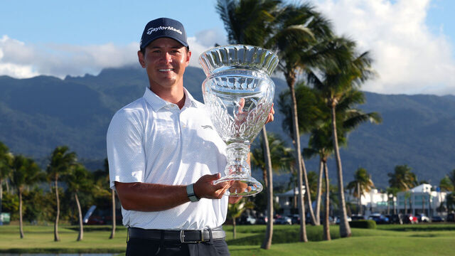 RIO GRANDE, PUERTO RICO - MARCH 09: Karl Vilips of Australia poses with the winner's trophy after winning the Puerto Rico Open 2025 at Grand Reserve Golf Club on March 09, 2025 in Rio Grande, Puerto Rico.