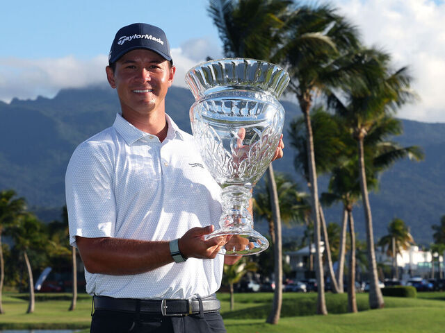 RIO GRANDE, PUERTO RICO - MARCH 09: Karl Vilips of Australia poses with the winner's trophy after winning the Puerto Rico Open 2025 at Grand Reserve Golf Club on March 09, 2025 in Rio Grande, Puerto Rico.
