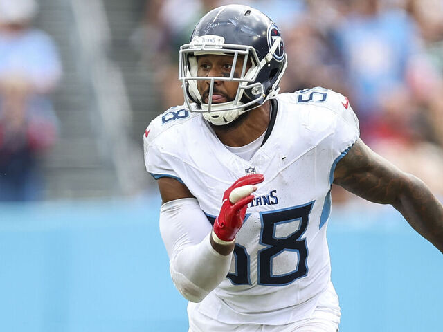 NASHVILLE, TN - SEPTEMBER 15: Harold Landry III #58 of the Tennessee Titans rushes the passer during an NFL football game against the New York Jets at Nissan Stadium on September 15, 2024 in Nashville, TN.