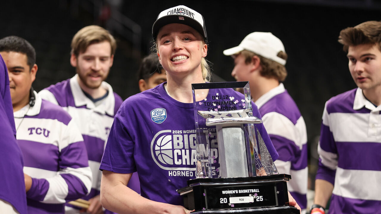 KANSAS CITY, MO - MARCH 09: TCU Horned Frogs guard Hailey Van Lith (10) poses with the Big 12 Tournament Championship trophy after winning the championship game between the Baylor Lady Bears and TCU Horned Frogs on March 9, 2025 at T-Mobile Center in Kansas City, MO.