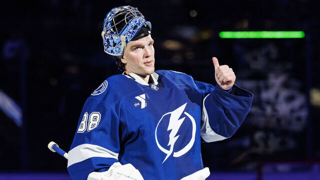 TAMPA, FL - FEBRUARY 27: Andrei Vasilevskiy #88 of the Tampa Bay Lightning celebrates the win against the Calgary Flames at Amalie Arena on February 27, 2025 in Tampa, Florida.