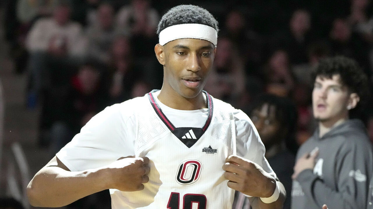 OMAHA, NE - DECEMBER 17: Marquel Sutton #10 of the Nebraska-Omaha Mavericks is introduce before a college basketball game against the Stetson Hatters at Baxter Arena on December 17, 2023 in Omaha, Nebraska.
